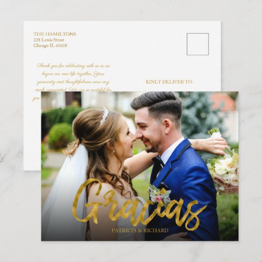 Gracias Gold Foil Script Wedding Dank u Foto Briefkaart (Voorkant / Achterkant)
