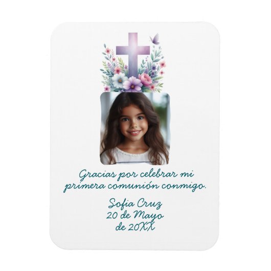 Gracias Mi Primera Comunión con Foto Flores Magneet (Verticaal)