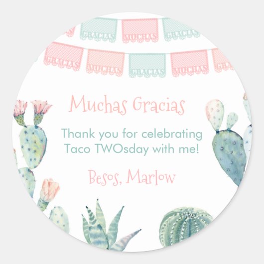 Gracias Pastel Cactus Mexicaanse Fiesta Dank u Ronde Sticker (Voorkant)