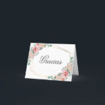 GRACIAS por venir Roze Spaanse Quinceañera Quince Bedankkaart<br><div class="desc">Prachtige elegante Quinceañera (Mis Quince Años) waterverf bloemengracias por venir kaarten. Blush roze rozen met groen en faux gouden lijst. Faux glitter jurk in roze. Bewerkbare sjabloon - gemakkelijk toe te voegen jouw tekst - Spaans formulering. Perfect voor het 15e verjaardagsfeestje van het meisje.</div>