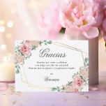 GRACIAS por venir Roze Spaanse Quinceañera Quince Bedankkaart<br><div class="desc">Prachtige elegante Quinceañera (Mis Quince Años) waterverf bloemengracias por venir bedankjes. Blush roze rozen met groen en faux gouden lijst. Faux glitter jurk in roze. Bewerkbare sjabloon - gemakkelijk toe te voegen jouw tekst - Spaans formulering. Perfect voor het 15e verjaardagsfeestje van het meisje.</div>