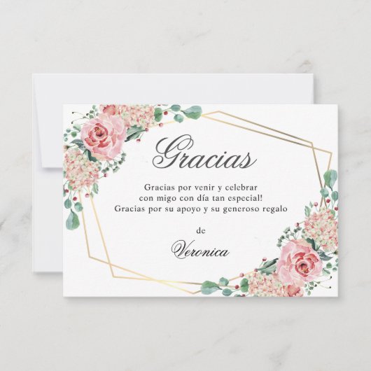 GRACIAS por venir Roze Spaanse Quinceañera Quince Bedankkaart (Voorkant)