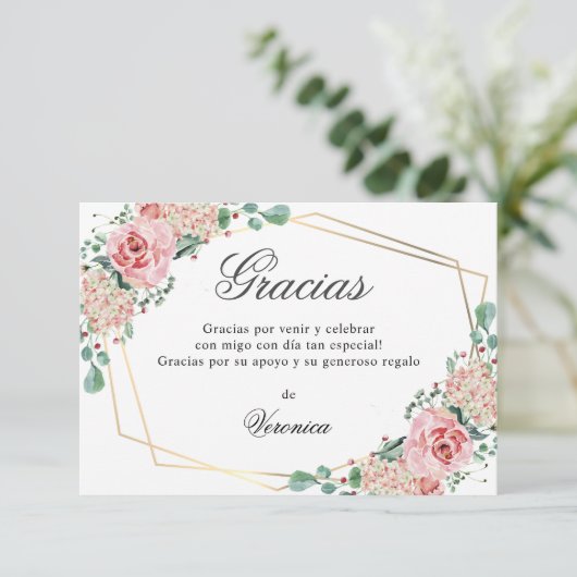 GRACIAS por venir Roze Spaanse Quinceañera Quince Bedankkaart (Staand voorkant)