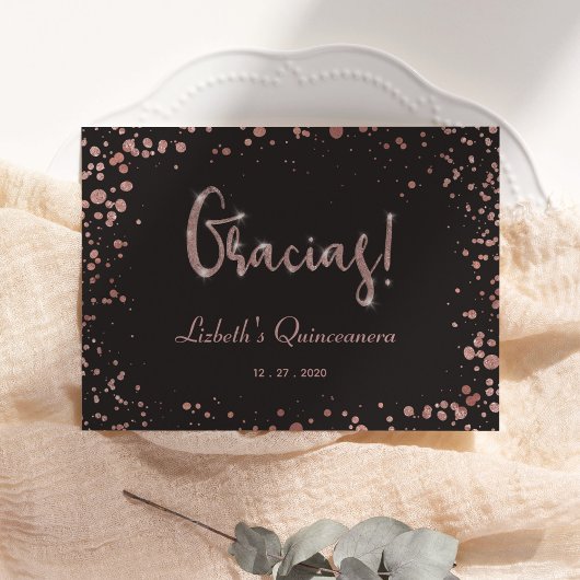 Gracias Quinceanera Bedankt Card, Roos Gold Glam Informatiekaartje