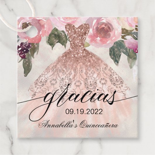 Gracias Roos Goud Glitter Bloemen Quinceañera Bedankjes Labels (Voorkant)