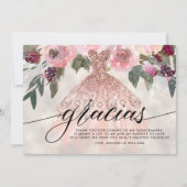 Gracias Roos Goud Glitter Bloemen Quinceañera Bedankkaart (Voorkant)