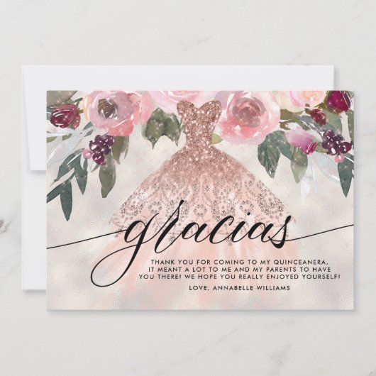 Gracias Roos Goud Glitter Bloemen Quinceañera Bedankkaart (Voorkant)