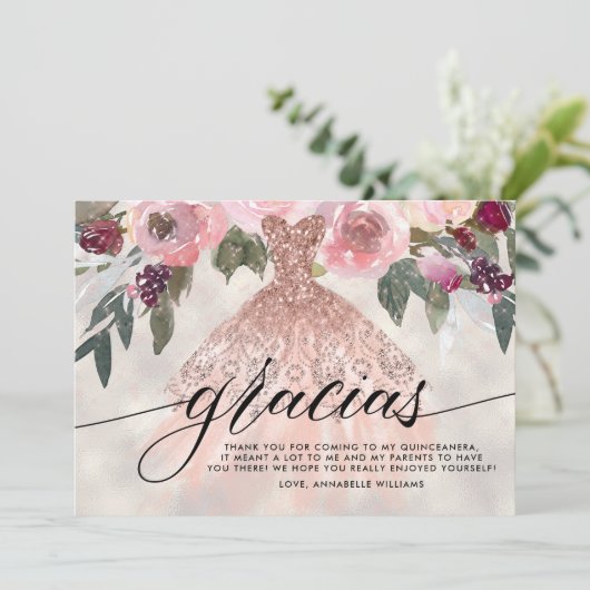Gracias Roos Goud Glitter Bloemen Quinceañera Bedankkaart (Staand voorkant)