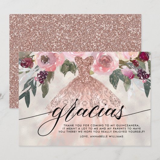 Gracias Roos Goud Glitter Bloemen Quinceañera Bedankkaart (Voorkant / Achterkant)