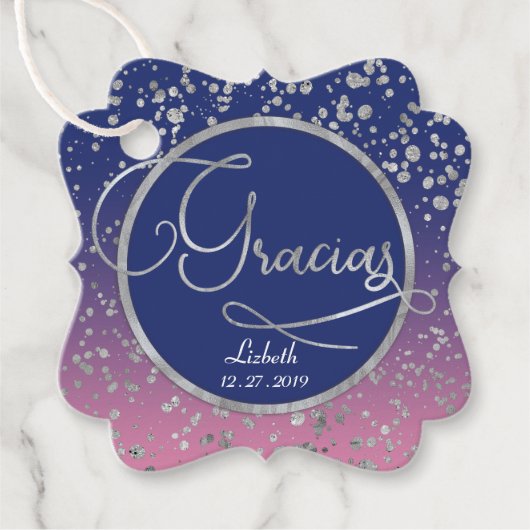 Gracias Royal Blue Silver Confetti Cadeau Bedankt Bedankjes Labels (Voorkant)