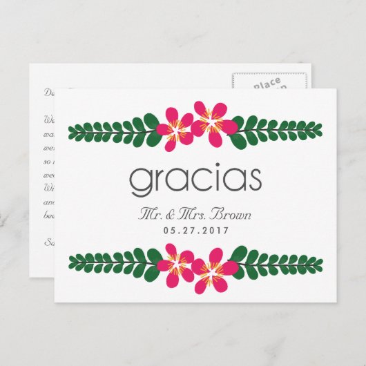 Gracias Roze Bloemen Huwelijk Dank u Briefkaart (Voorkant / Achterkant)
