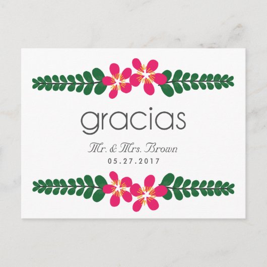 Gracias Roze Bloemen Huwelijk Dank u Briefkaart (Voorkant)