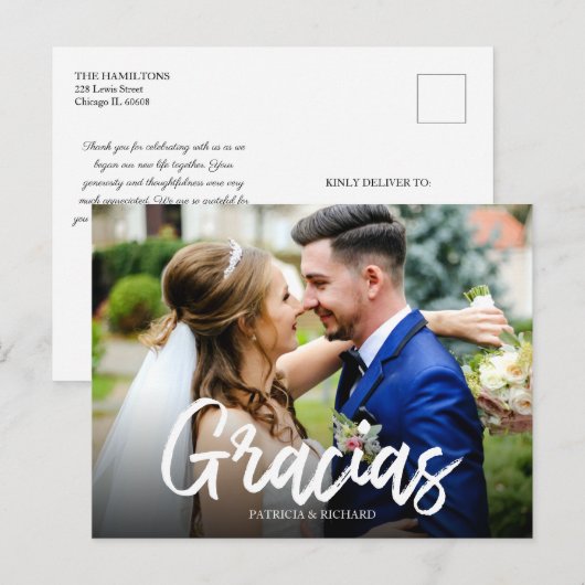 Gracias Stylish Script Weddenschap Foto Briefkaart (Voorkant / Achterkant)