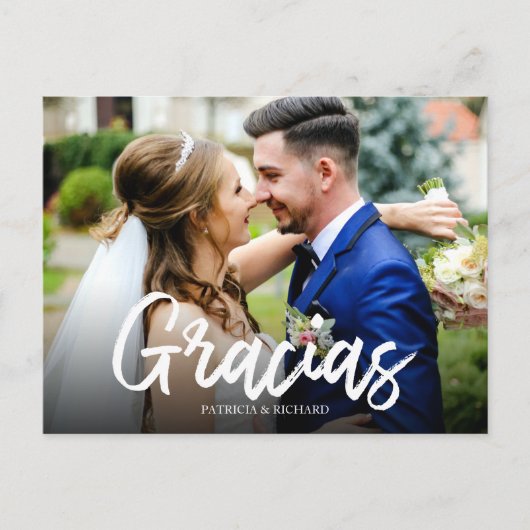 Gracias Stylish Script Weddenschap Foto Briefkaart (Voorkant)