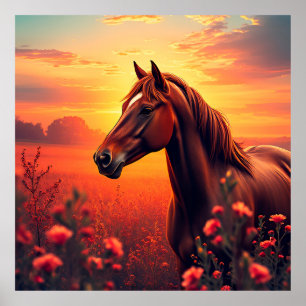 Gracieus paard staand in een levendige weide bij z poster