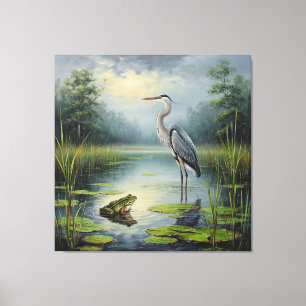 Gracieuze reiger in een serene vijver te midden va canvas afdruk