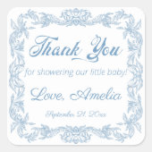 Gracious Dusty Blue Baroque Lijst Baby shower Vierkante Sticker (Voorkant)