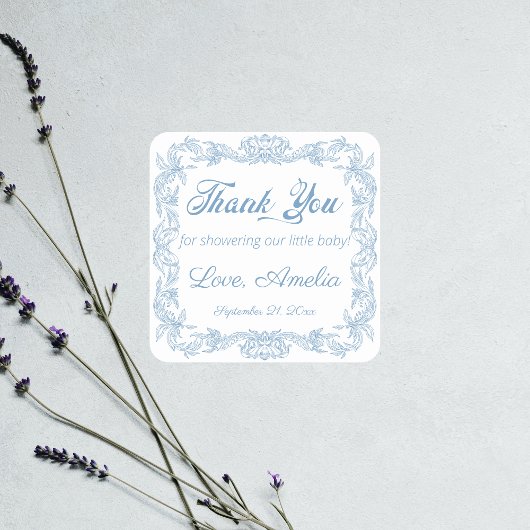 Gracious Dusty Blue Baroque Lijst Baby shower Vierkante Sticker