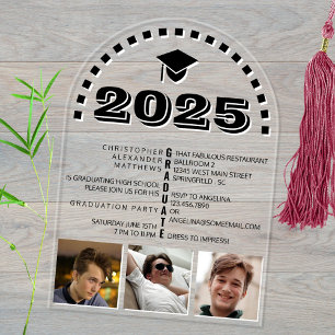 Grad 2025 Cool 3 Foto Collage Zwart Wit Feest Acryl Uitnodigingen