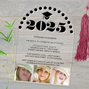 Grad 2025 Schattig 3 Foto Collage Zwart Wit Feest Acryl Uitnodigingen