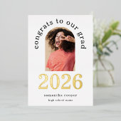 Grad 2026 Boog Foto Echt Goud Folie Aankondiging (Staand Voorkant)