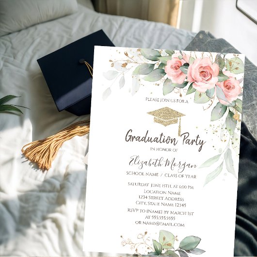 Grad Cap, Blush Bloemen Afstuderen Kaart