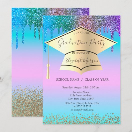 Grad Cap,Diamonds,Drips Holografische Afstuderen Kaart (Voorkant / Achterkant)