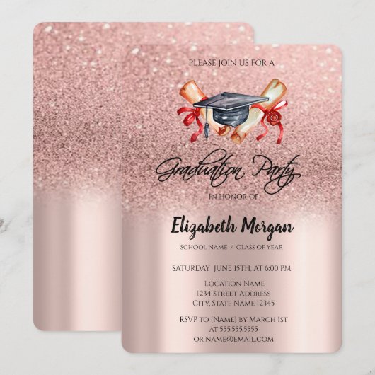 Grad Cap Diploma Roze Goud Glitters Afstuderen  Kaart (Voorkant / Achterkant)