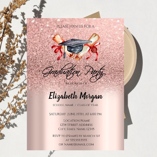 Grad Cap Diploma Roze Goud Glitters Afstuderen Kaart
