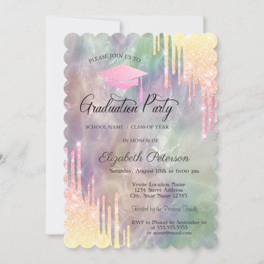 Grad Cap Glitter Drips, Holografische Afstuderen Kaart (Voorkant)