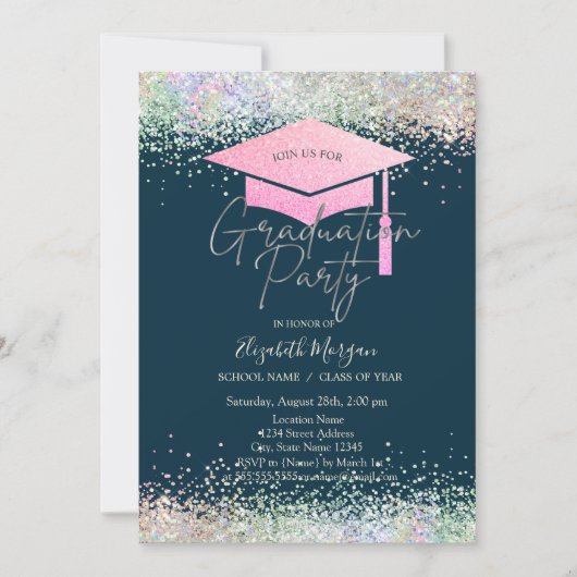 Grad Cap, Kleurig Confetti Navyblauw Afstuderen Kaart (Voorkant)
