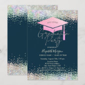 Grad Cap, Kleurig Confetti Navyblauw Afstuderen Kaart (Voorkant / Achterkant)