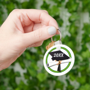 Grad Cap School Kleuren Goud en Groen Sleutelhanger