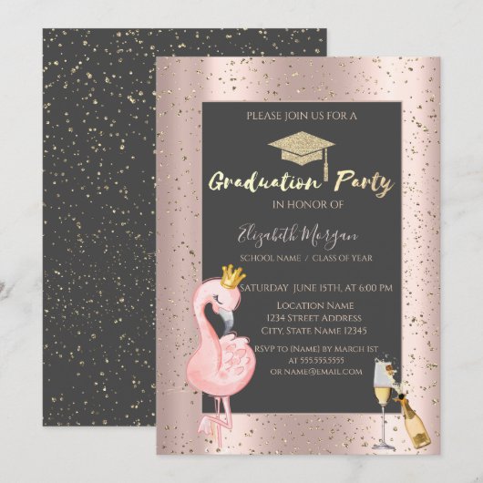 Grad Cap,Wijn,Flamingo Roze Goud Afstuderen Kaart (Voorkant / Achterkant)