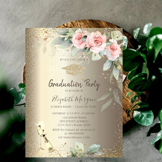 Grad Cap,Wijn Glas,Boho Bloemen Afstuderen Kaart