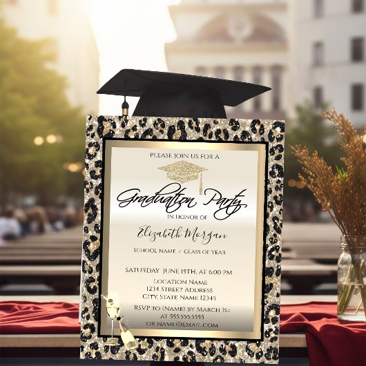 Grad Cap,Wineglas Glitter Luipaardprint  Kaart