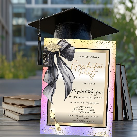 Grad Cap,Zwarte Strik Wijn Glas,Confetti Ombre Kaart