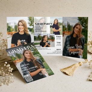Grad Era Trendy Afstudeertijdschrift Foto Collage Drieluik Uitnodiging
