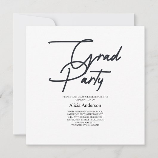 Grad Feest Uitnodiging | Hathama Script Zwart Wit (Voorkant)