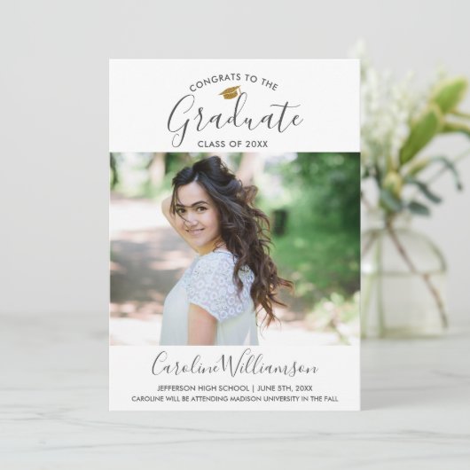 Grad Foto Afstudeer Uitnodiging Trendy Blauw (Staand voorkant)