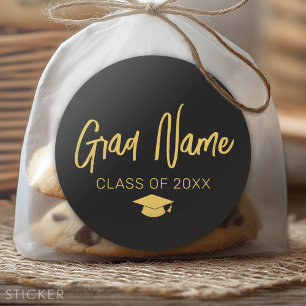 Grad Naam Schrift met Afstudeerhoed - Zwart Goud Ronde Sticker