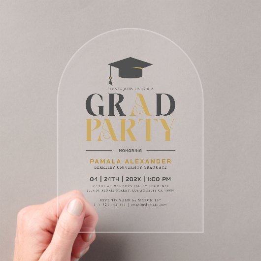 Grad Party Gold Gray Retro Typography Acryl Uitnodigingen (Insitu (Draagbaar))