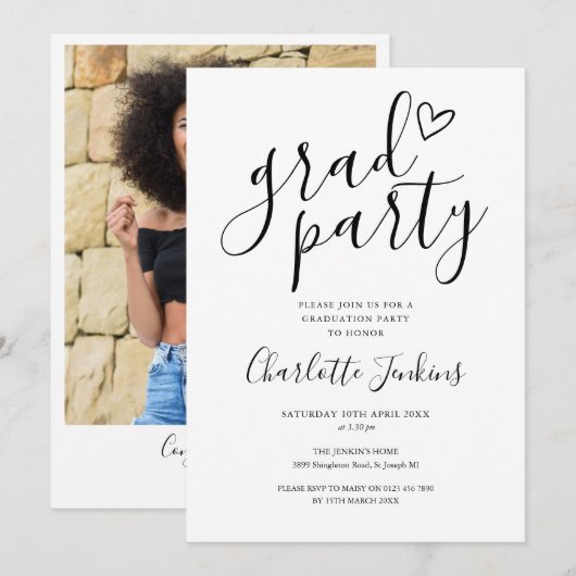 Grad Party Script Heart Foto Afsluitingsfeest Kaart (Voorkant / Achterkant)