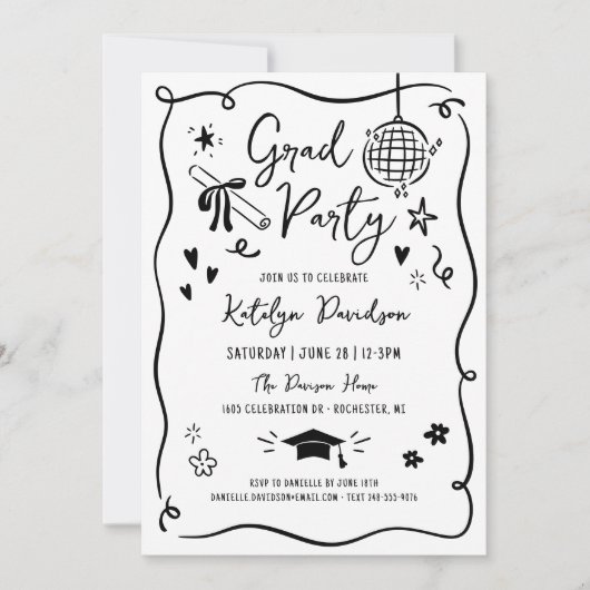 Grad Party Whimsical Doodle Frame Kaart (Voorkant)