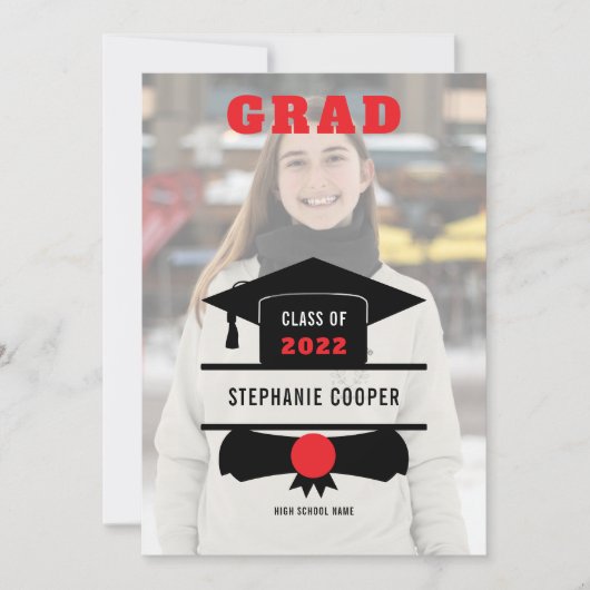 Grad Photo Cap Red Black 2022 Graduation Aankondiging (Voorkant)
