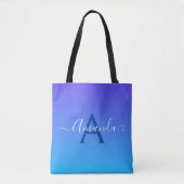 Gradiënt blauw elegant monogram en naam tote bag (Voorkant)
