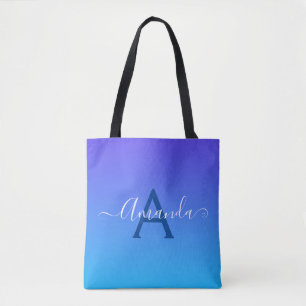 Gradiënt blauw elegant monogram en naam tote bag