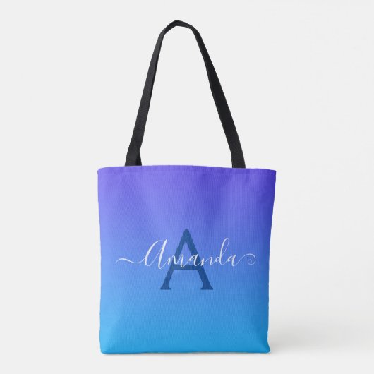 Gradiënt blauw elegant monogram en naam tote bag (Achterkant)