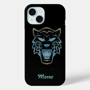 Gradiënt blauwe tijger silhouet monogram iPhone 15 case