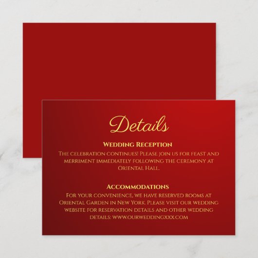 Gradiënt donkerrode Chinese trouwdetails Informatiekaartje (Voorkant / Achterkant)